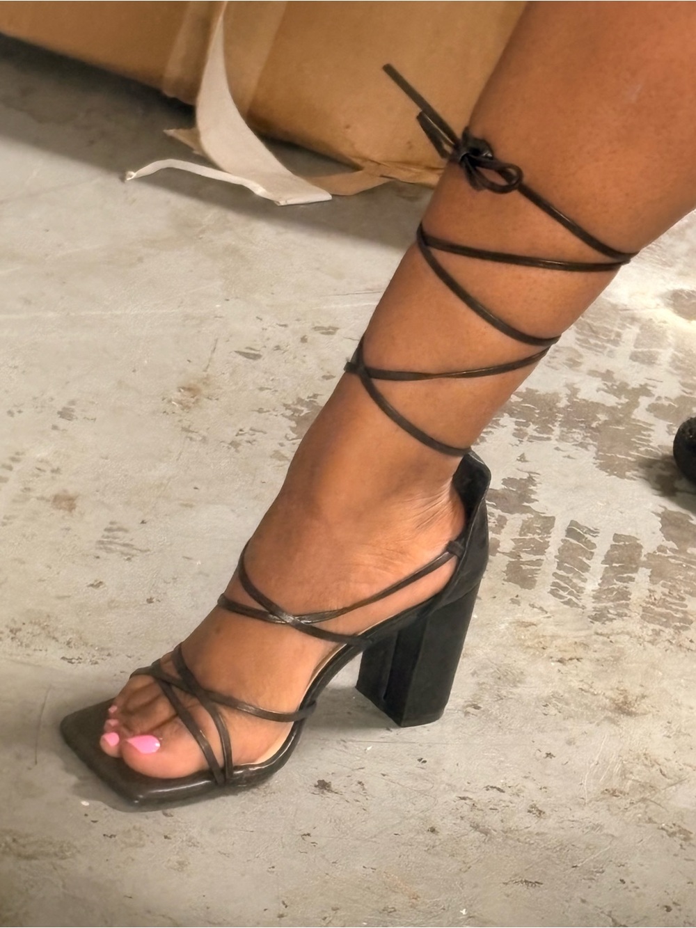 Strappy Black Lace-Up Block Heel Sandals - Women's